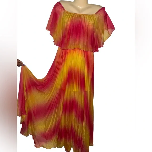 AKIRA Off-Shoulder Tie-Dye Flowy Maxi Dress in Pink & Yellow - Picture 1 of 6